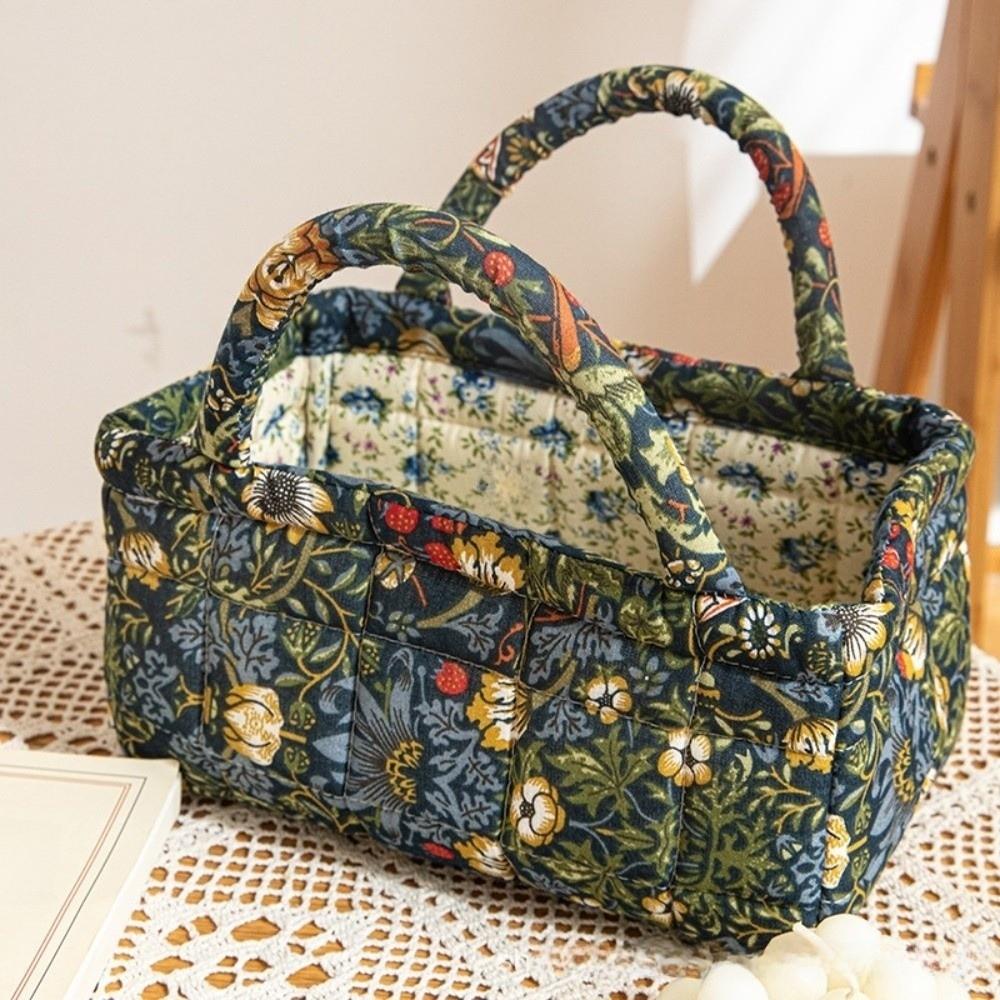 Floral Pattern Bento Handbags Patchwork Design Foldable Shopper Bag Portable Cotton Material Cosmetic Bag Home Textile Storage