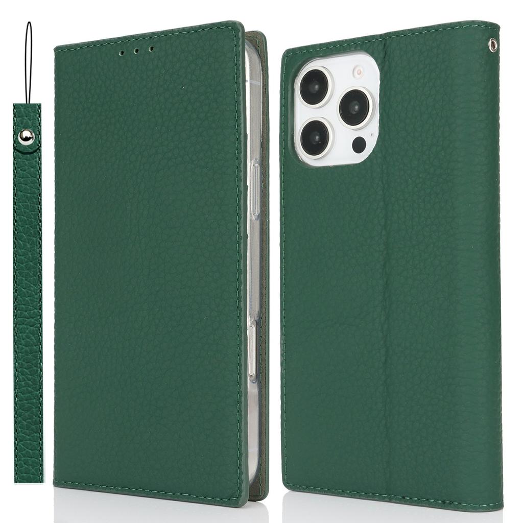 For iPhone 16 Pro Max Wallet Case Genuine Cow Leather Phone Cover Litchi Texture