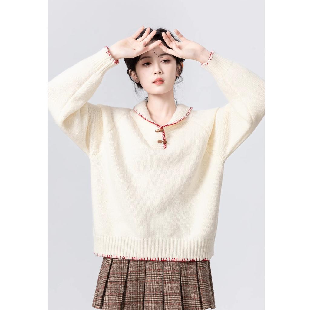 Gelber Reverskragen Damen Strickpullover Einzigartige Schnalle Modisches Damenoberteil Koreanischer Lässiger Lockerer Pullover
