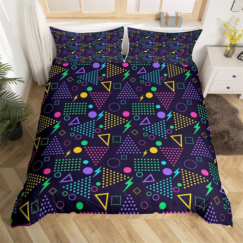 Retro 80s Style Beding Set Twin King-Sized Dimensionsd Dimensions Abstract Geometric Patern Soft Duvet Cover Set Microfiber Circle Plus Triangle