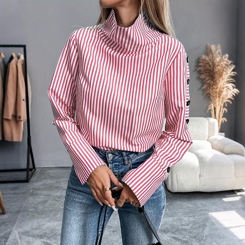 ZANZEA Women Casual High Neck Loose Long Sleeve Stripe Blouse