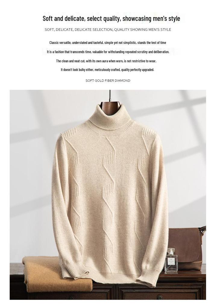 Suéter Masculino de Cashmere de Gola Alta com Fio Duplo - Grosso, Manga Longa, Tamanho Grande, Tricô de Cor Pura