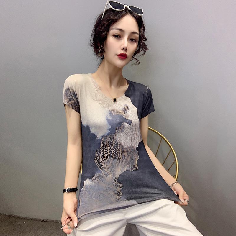 

Юго-Восточная Азия Европа 2025 Лето Женский Приталенный Топ с Коротким Рукавом и Принтом 3X-Large