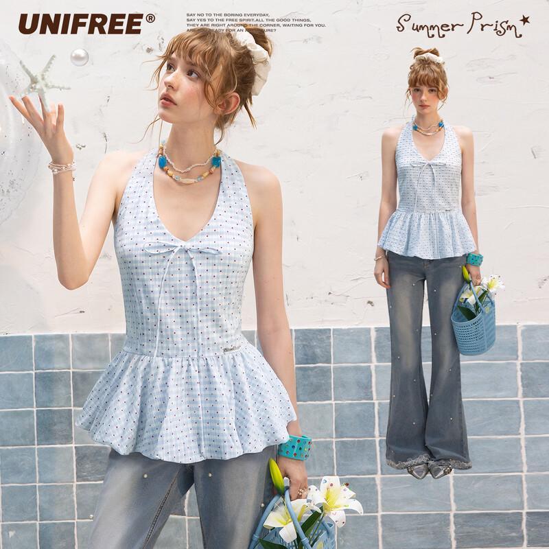 UNIFREE Women s Halter Neck Plaid & Polka Dot Blouse One Size