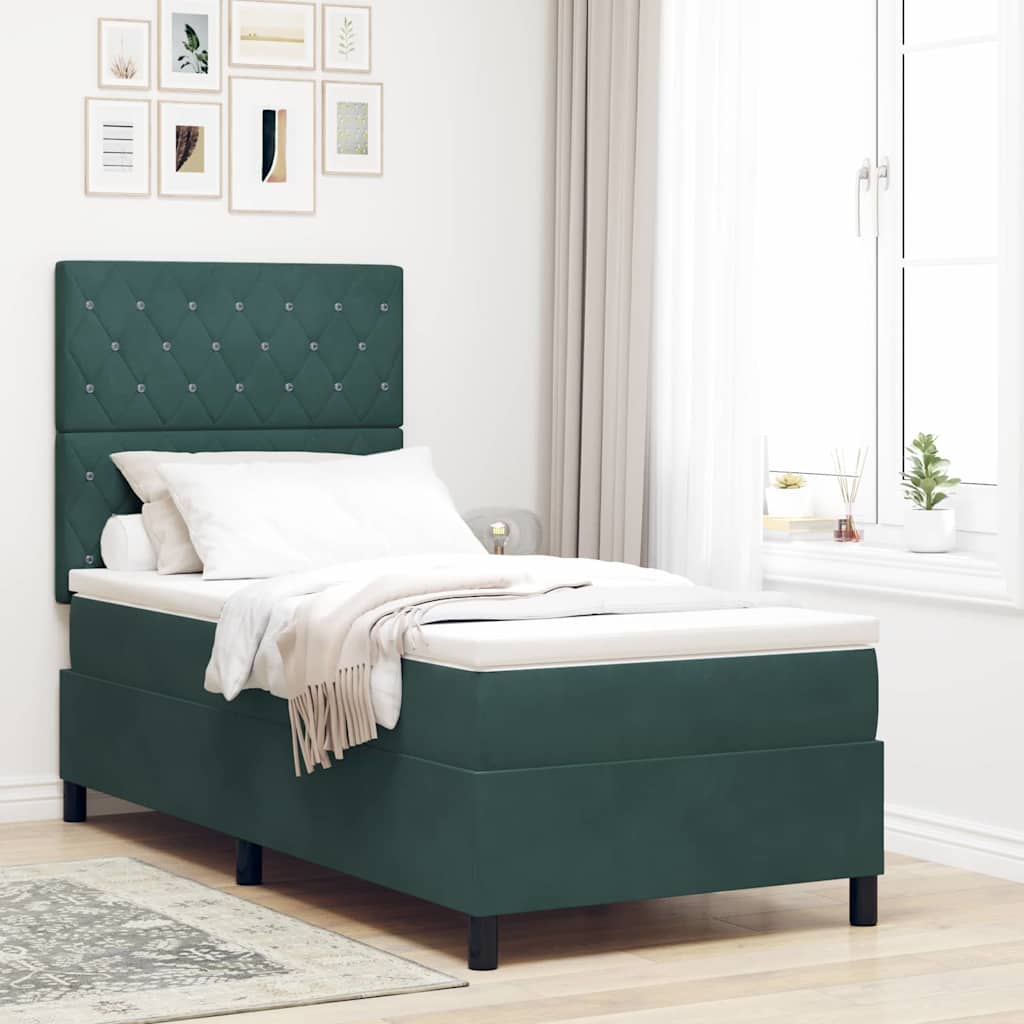 Box Spring Bed with Mattress Dark Green 90 X 190 Cm Velvet