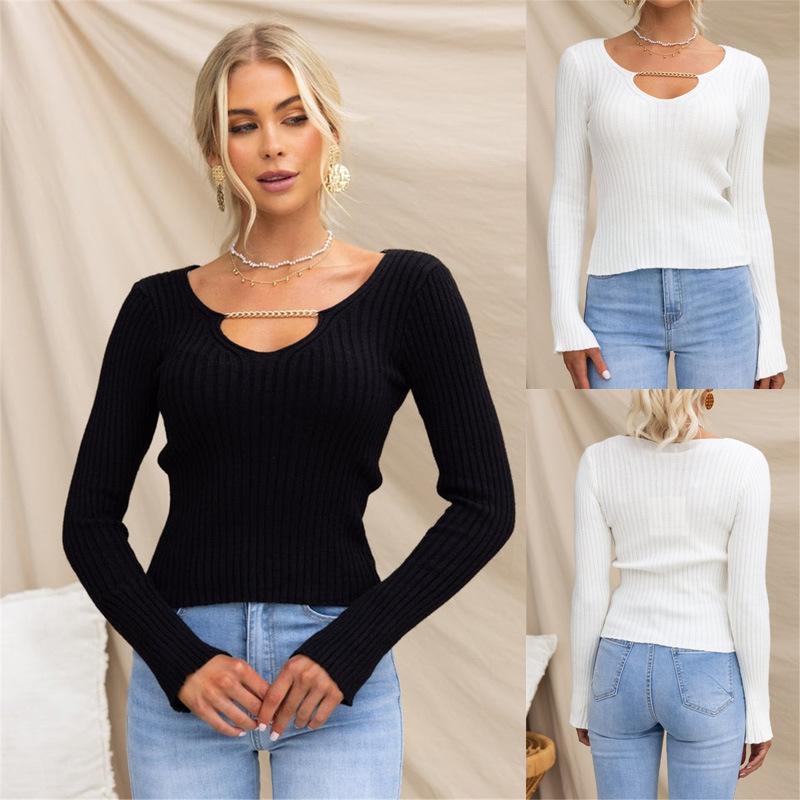 

Женская весна-осень с длинным рукавом и V-образным вырезом, сплошной цвет, приталенный пуловер, футболка, топ