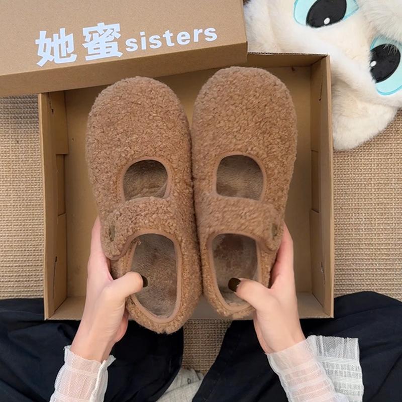 Klittenband grijze pluizige schoenen voor dames winterkleding nieuwe fluwelen enkele schoenen warme katoenen schoenen platte Mary Jane Doudou schoenen
