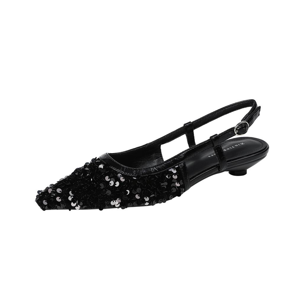 139-8 Silberne paillettenbesetzte spitze Dameneinzelne Schuhe mit niedrigem Absatz neue feenleichte Mund hinten leer flachsohlige einzelne Schuhe Bankett Damenschuhe