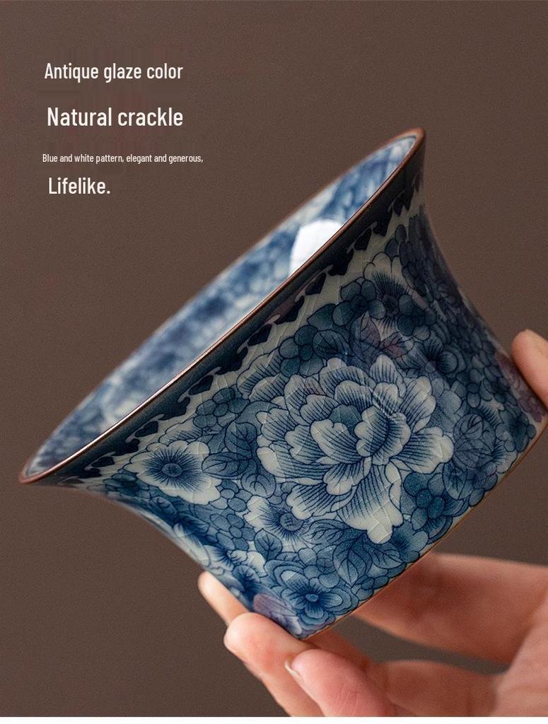 Antique Sancai Blue & White Gaiwan Kung Fu Tea Set: Cultivable Crackle Ceramic Tea Bowl & Large Cup