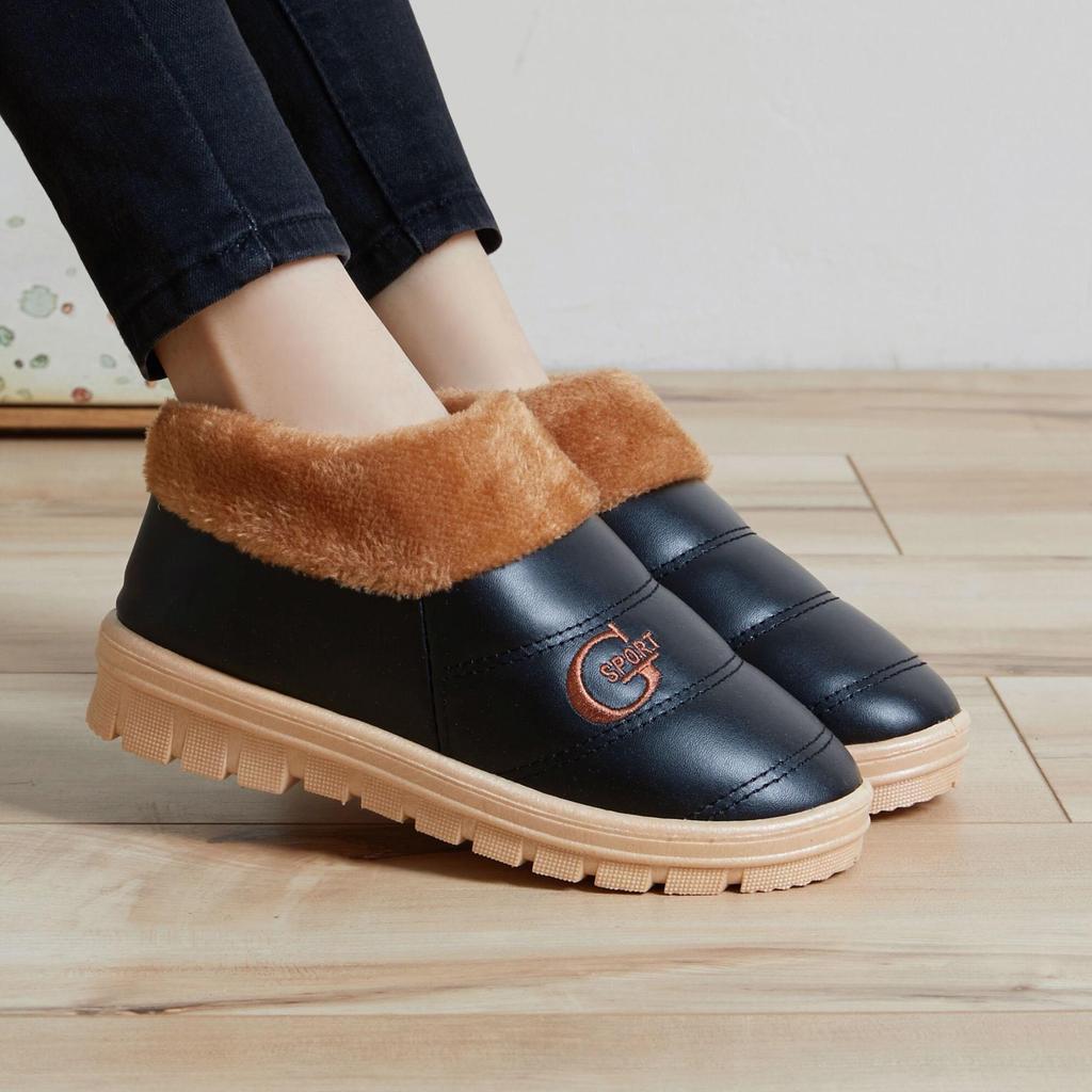 Women's Winter Waterproof Cotton Slippers Warm Thick Sole Indoor Leather Home Cotton Shoes