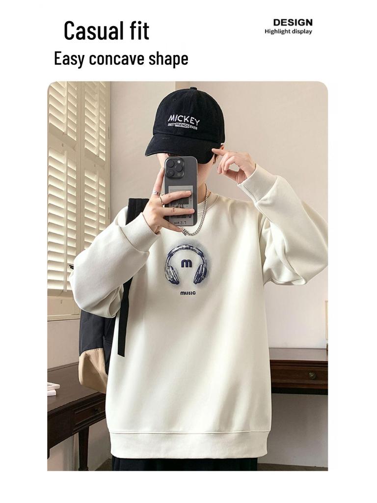 Men's Round Neck Hoodie, New Style: Spring, Autumn & Winter, Plus Velvet, Long Sleeve, Youth & Big Kids Trendy T-shirt