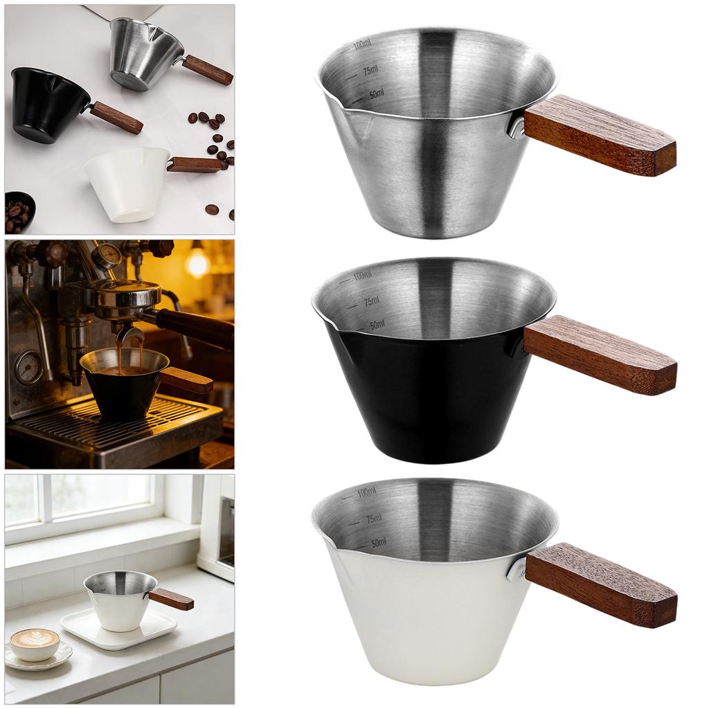 Set of 3 Stainless Steel Coffee Measure Cup with Natural Wood Handle and Accurate Milliliter Marking for Brewing Use