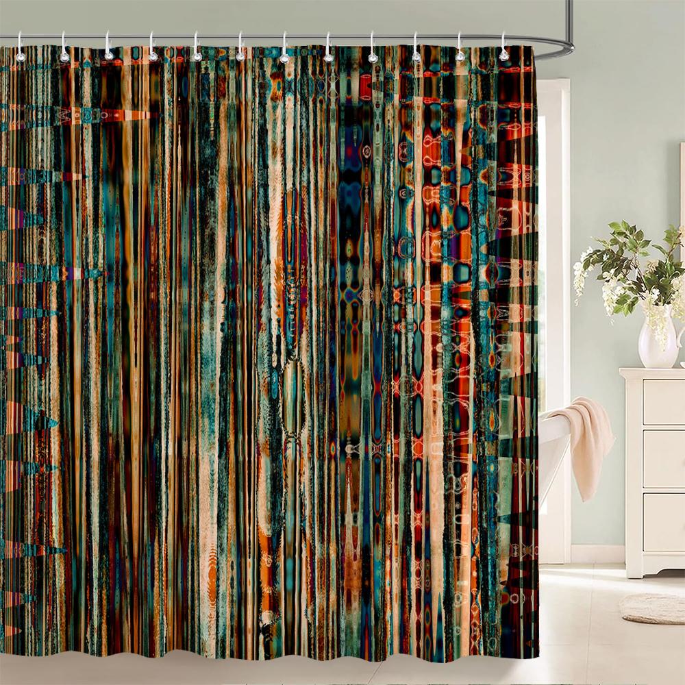 Geometric Pattern Fabric Waterproof Shower Curtain Bathroom Curtains Colorful Stripes Bathtub Decor Bath Screen with 12 Hooks