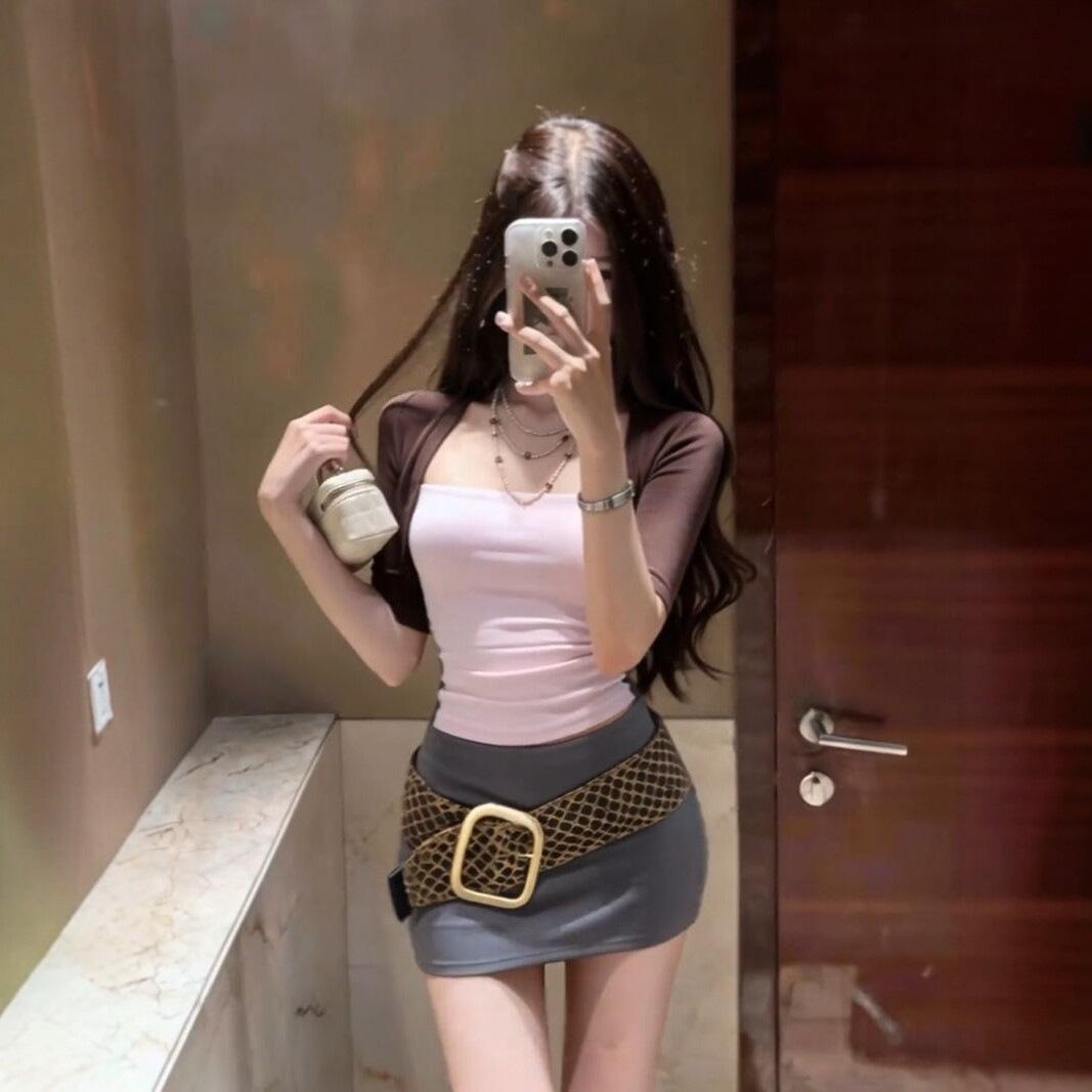 [Human Cotton Modal] Fake two-piece contrasting vest tube top T-shirt female Spice Girl style slim-fitting medium-sleeved top S