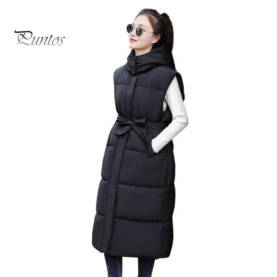 Winter Women Waistcoat Thickened Padded Zipper Closure Hooded Loose Fit Adjustable Waist with Belt Sleeveless Solid Color Windproof Heat Retention