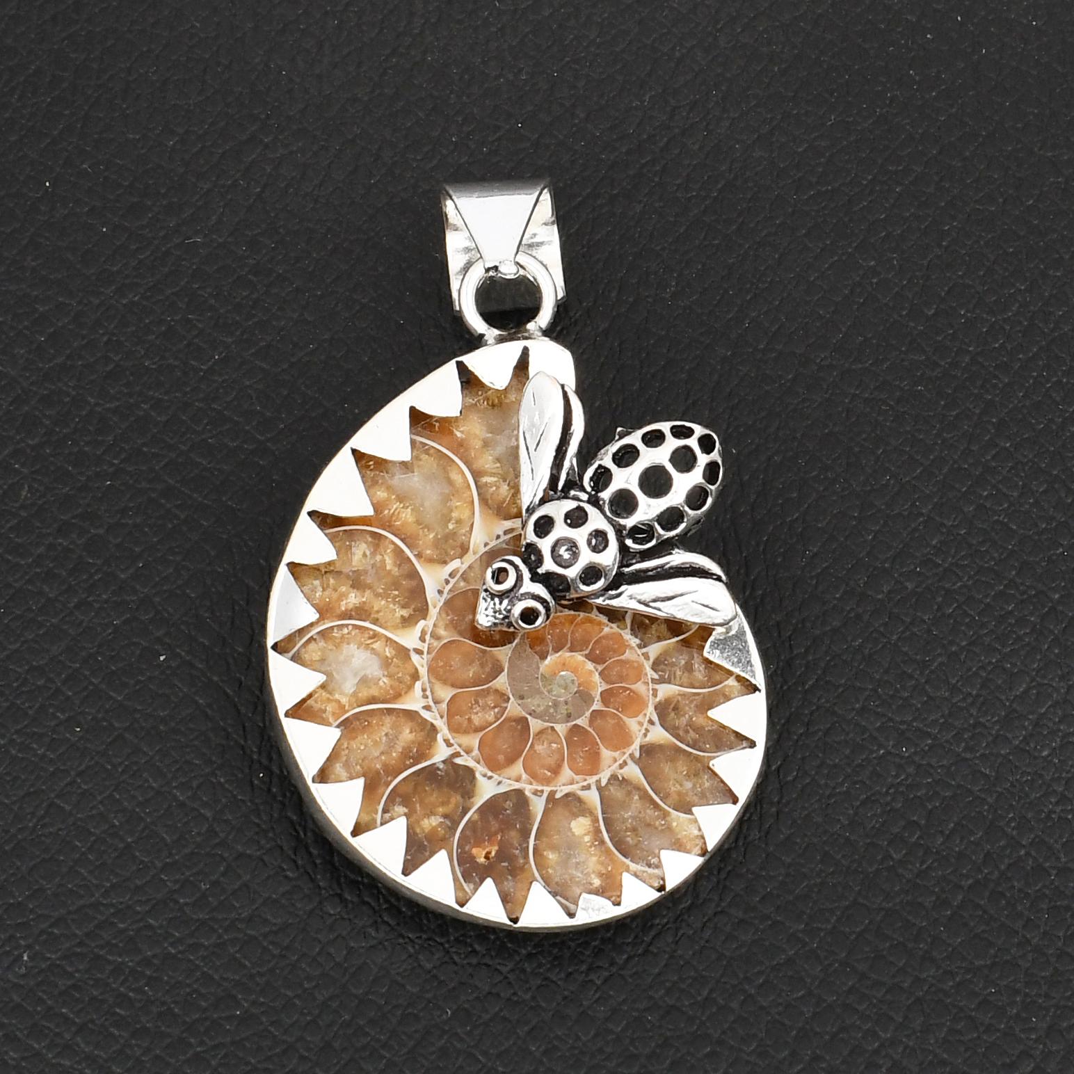 

Natural Ammonite Fossil Shell Pendant with Silver Bee Insect Charm Vintage Spiral Snail Stone Necklace Jewelry for Women