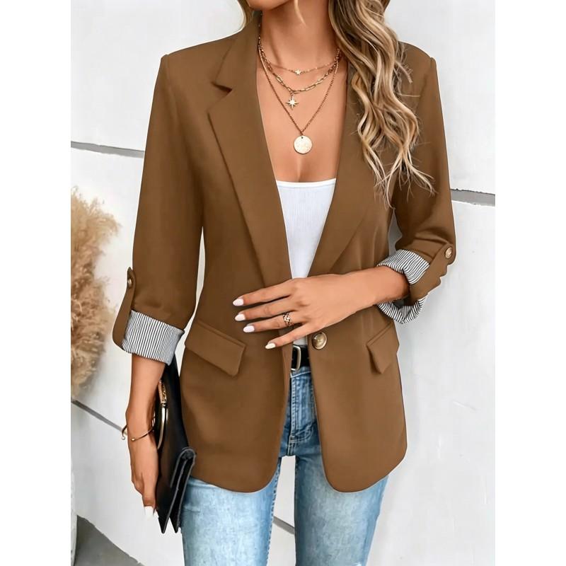 Blazer Décontracté Coupe Ajustée pour Femmes avec Manches 7/8 Relevables Bouton Unique Tissu Acétate Style Chic de Bureau
