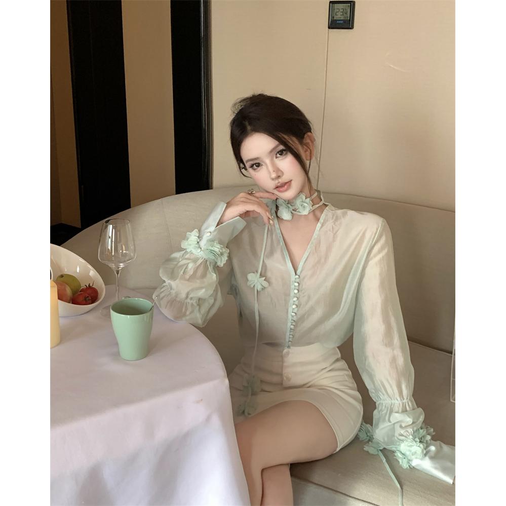 Chiffon Blouse Spring Summer New French Style Handcrafted Flower Long-sleeved Top Shirt