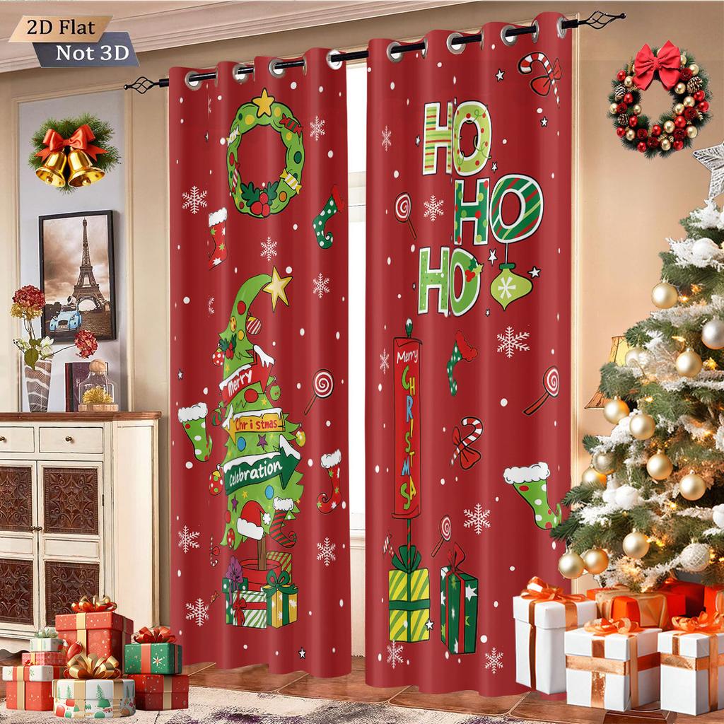 2Pcs Cartoon Christmas Tree Ho Print Blackout Curtains Multiple Sizes Living Room Insulation Holiday Decoration Easy To Install
