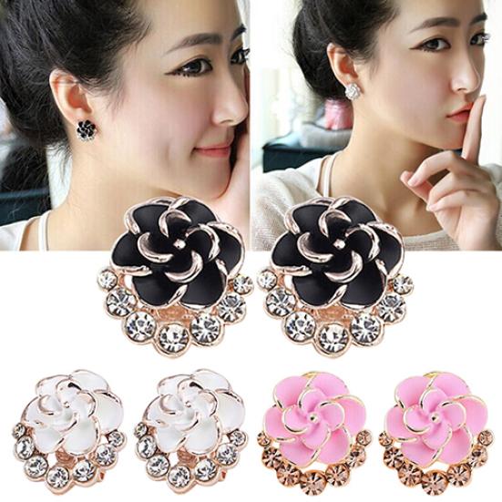 Women Peony Camellia Flower Rhinestones Alloy Ear Stud Earrings Party Jewelry
