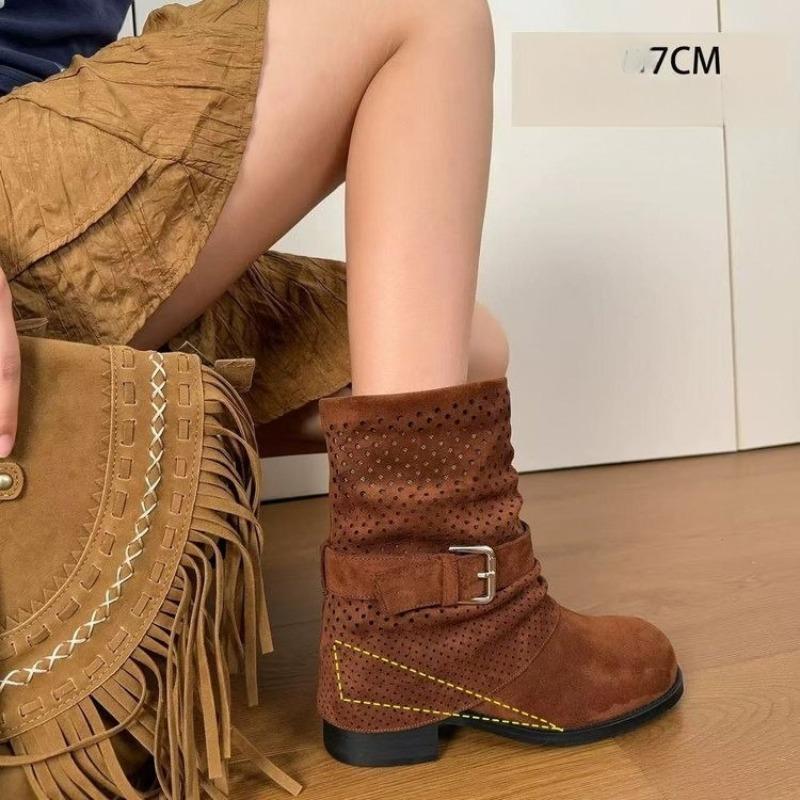 Fashion High Heels Women Hollow Short Boots 2025 New Autumn Fad Buckle Shoes Designer Chelsea Ankle Boots Dress Pumps Zapatillas Mujer