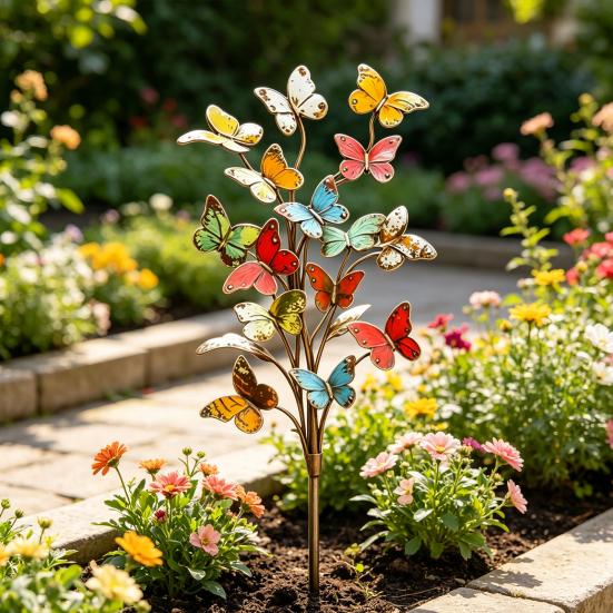 Schmetterlings-Gartenstecker Rustikaler Metall-Deko-Stecker für Topfpflanzen Farbige Vintage-Schmetterlinge Hofkunst für Rasenweg Terrasse Außen Dekoration