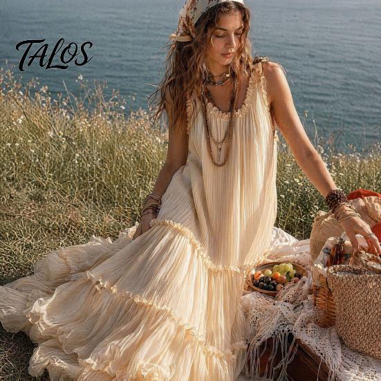 Talos Summer Ruffle Tiered Swing Dress for Women, Boho Beach Flowy Maxi Sundress, Sleeveless A-line Loose Long