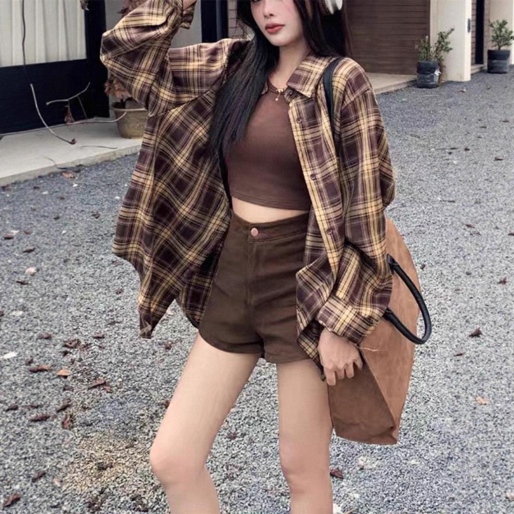 Women's Plaid Long Sleeve Korean Style Cardigan Shirt - Loose Retro Jacket for Spring and Autumn