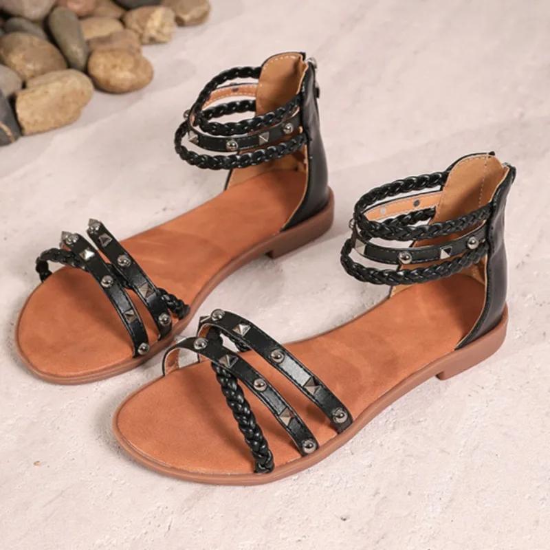 Fashion Summer New Sandals Fashion Round Head Open Toe Rivet Fine Strap Bag with Back Zipper Soft Sole Non-slip Flat Shoes