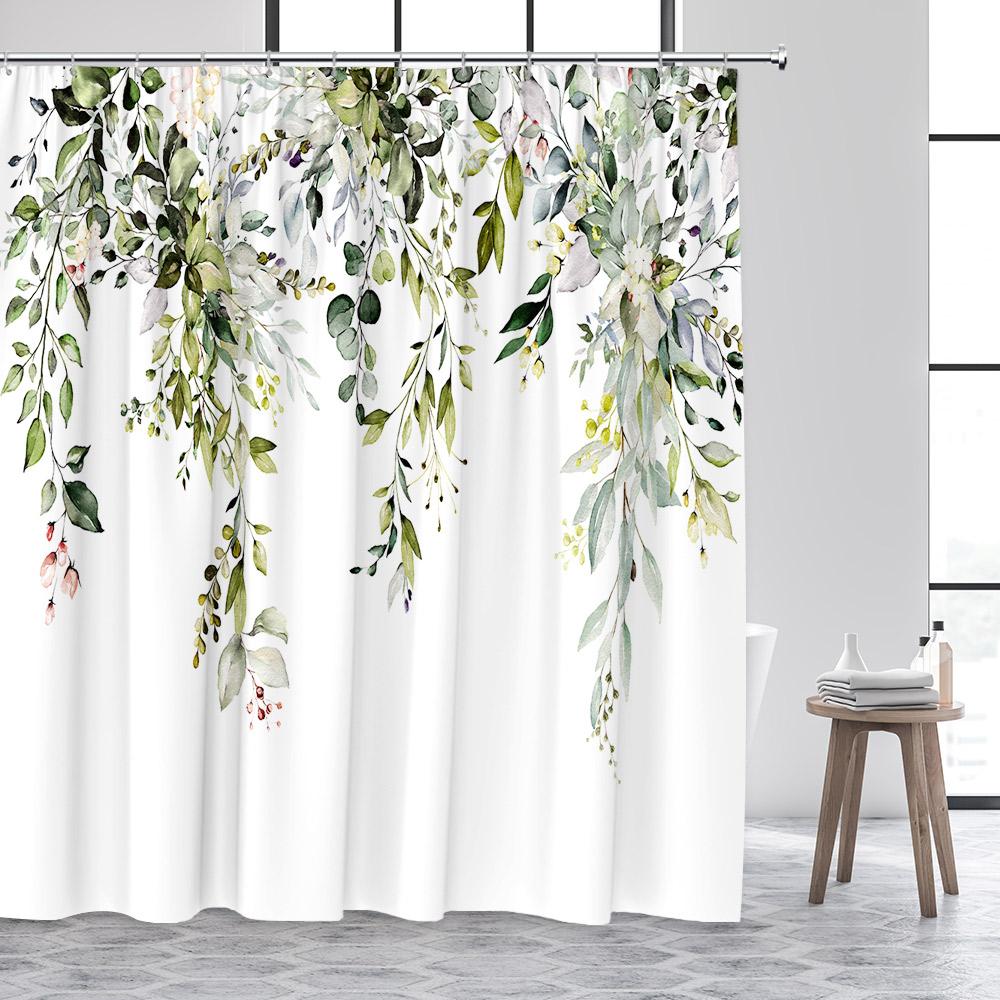 Green Eucalyptus Leaves Shower Curtain Watercolour Floral Butterfly Tropical Plant Leaf Polyester Fabric Decor Bathroom Curtains