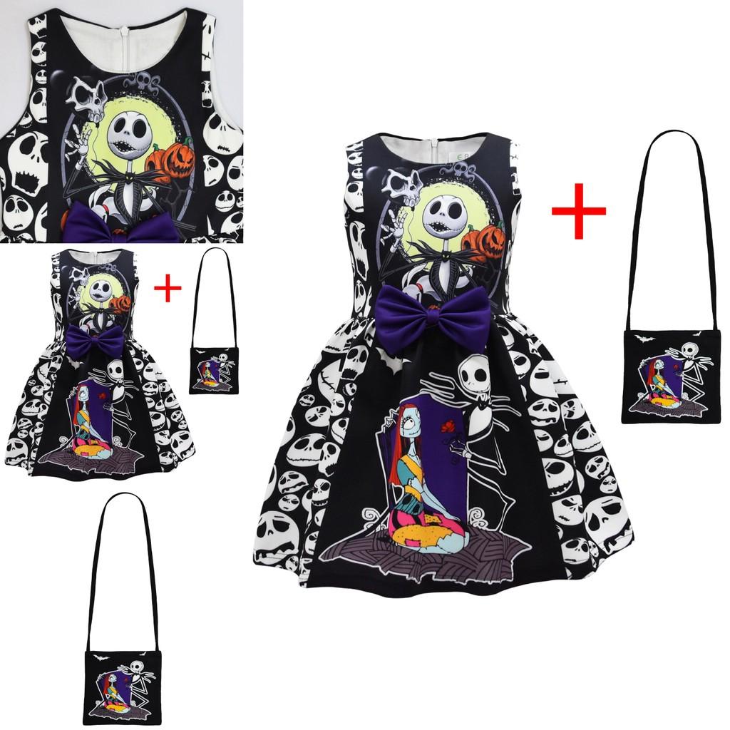 The Nightmare Before Christmas Halloween Girl Dress With Cartoon Pattern And Accessories For Kids