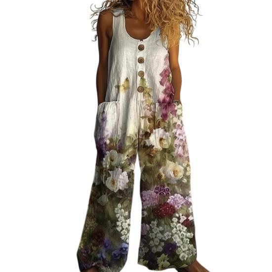Women's Floral Printed Wide Leg Jumpsuit Sleeveless Button Front Romper Summer Casual Loose Overall with Pockets