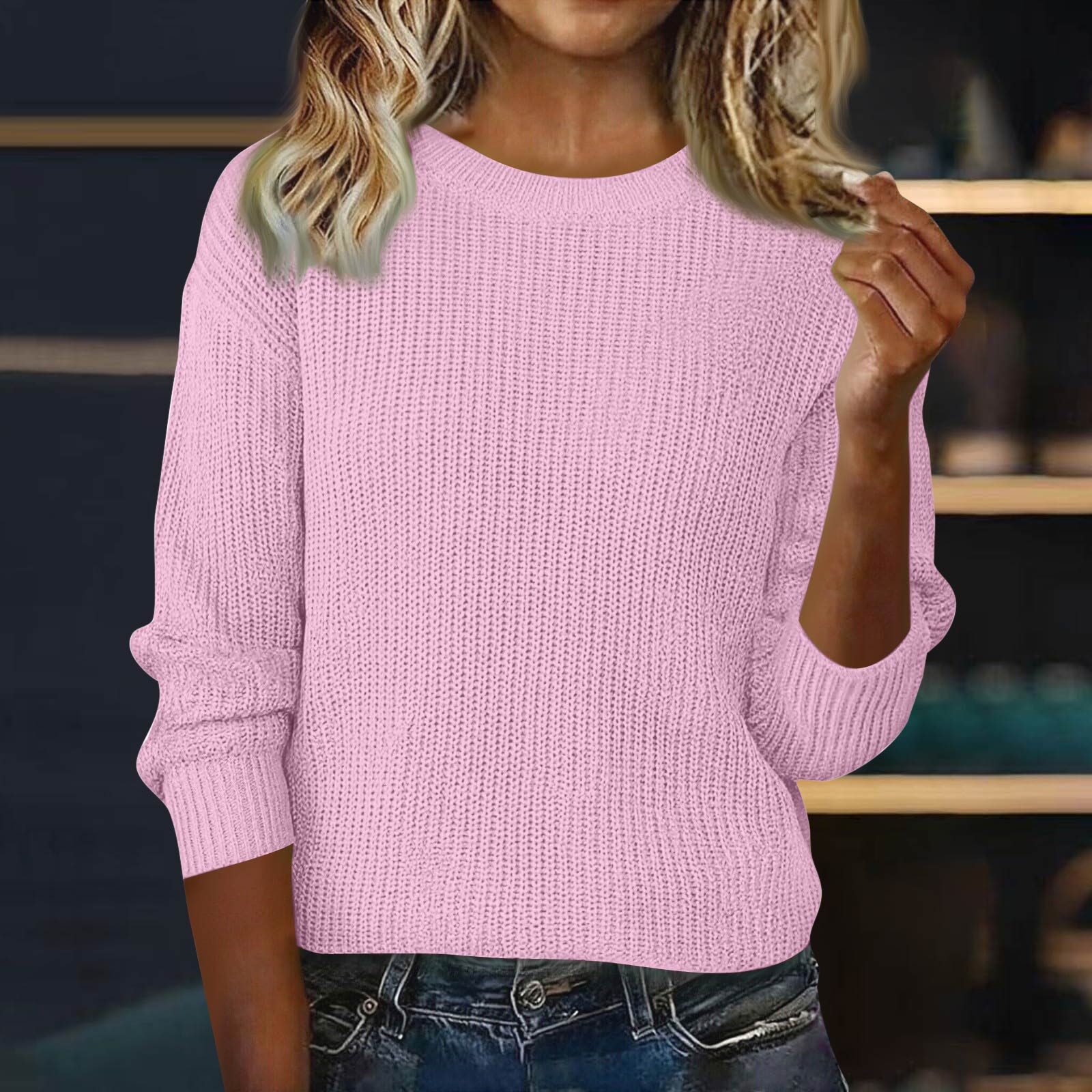 

Жіноча мода з довгими рукавами, суцільний колір, потовщений негабаритний вільний в язаний пуловер XL світло-рожевий колір