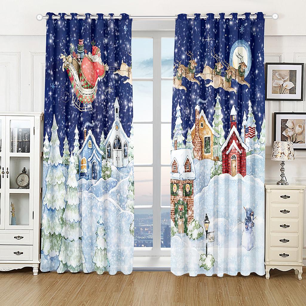 Cartoon Christmas Happy New Year Deer Santa Kids Window Curtains Blinds for Living Room Bedroom Kitchen Door Home Decor 2Pieces