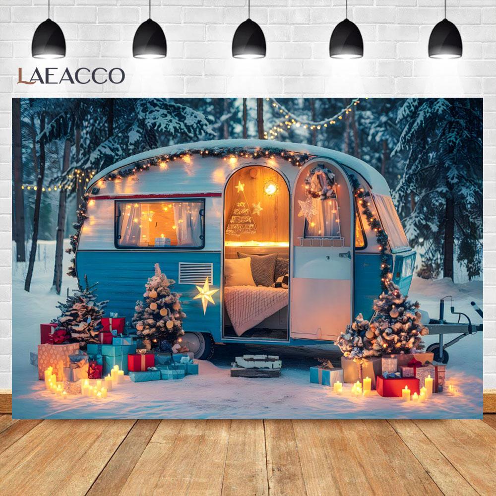 Laeacco Christmas Camper Pography Backdrop Winter Snowy Pine Trees Mini Bus Baby Birthday Family Holiday Portrait Background
