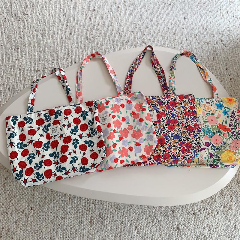 Stylish Summer Floral Tote Bag Spacious Rose Print Canvas Beach Bag Perfect For Shopping And Everyday Use