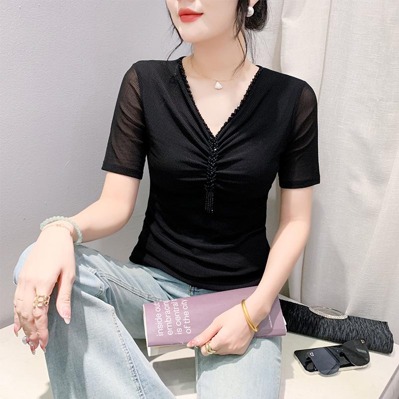 

Сексуальная сетчатая футболка с V-образным вырезом для женщин, летний дизайн, короткий рукав, топ с бисером, модная и универсальная футболка с коротким рукавом, маленькая рубашка 4XL чёрный