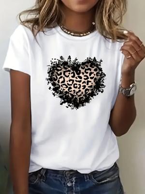 Leopard Print and Heart Casual Clothes for Women Leopard Print Casual Top Round Neck Shirt
