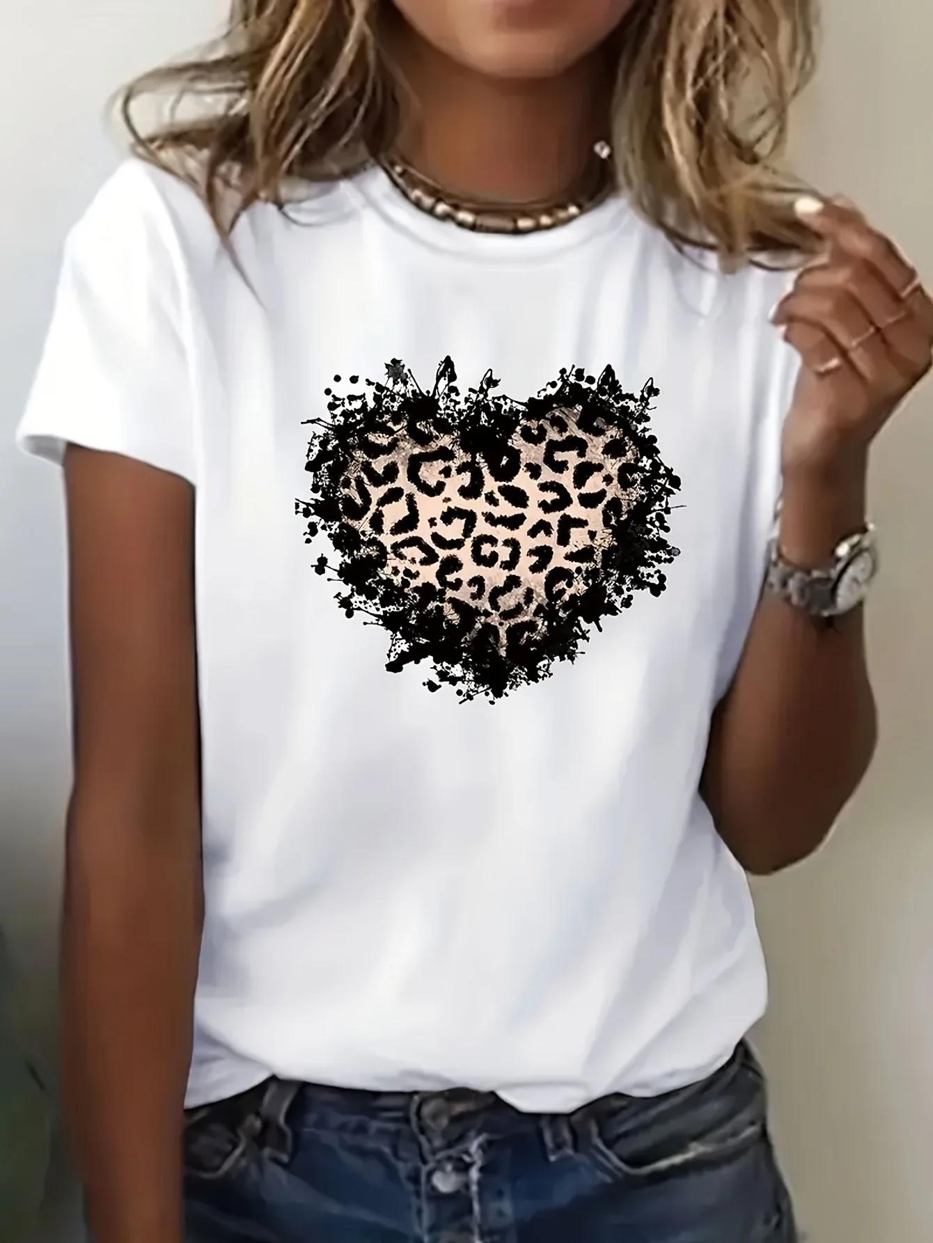 Leopard print and heart casual clothes for women Leopard print casual top round neck shirt S