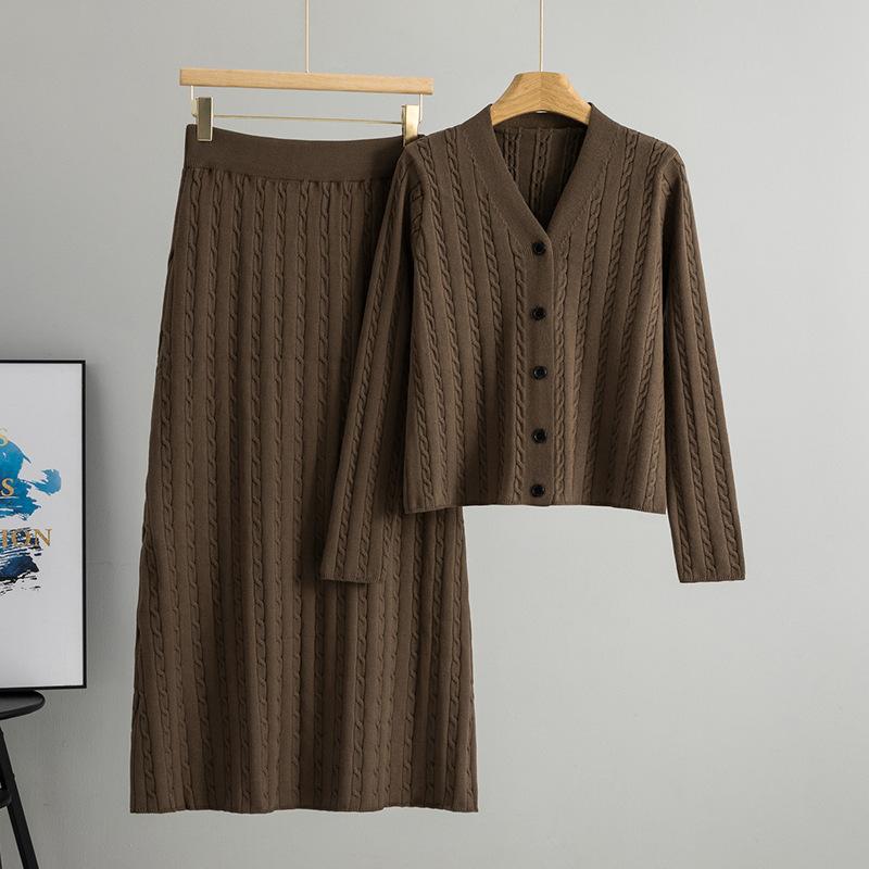 Fashionable Set of Linen Pattern Knitted Cardigan Top for Women's Autumn and Winter New High Waist and Hip Skirt