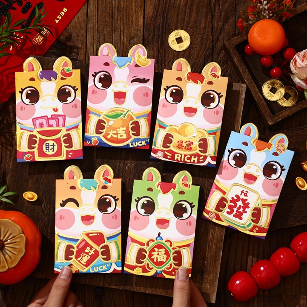 6pcs Red Color Chinese Red Envelopes Cartoon Cartoon Red Packets New Year Red Hongbao  Birthday Gift