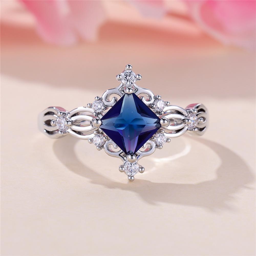 Charm Female Blue White Square Round Zircon Stone Ring CopperColor Dainty Gift Party Wedding Jewelry For Women