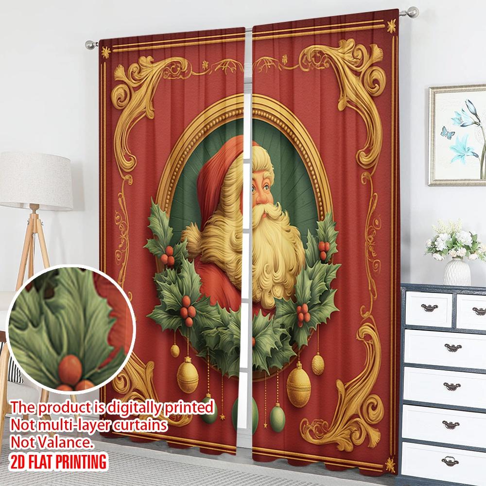 2pcs 2D Flat Printing Christmas Party Curtains Christmas Wreath Santa Claus Portrait Digital Printed Polyester Drapes Festive