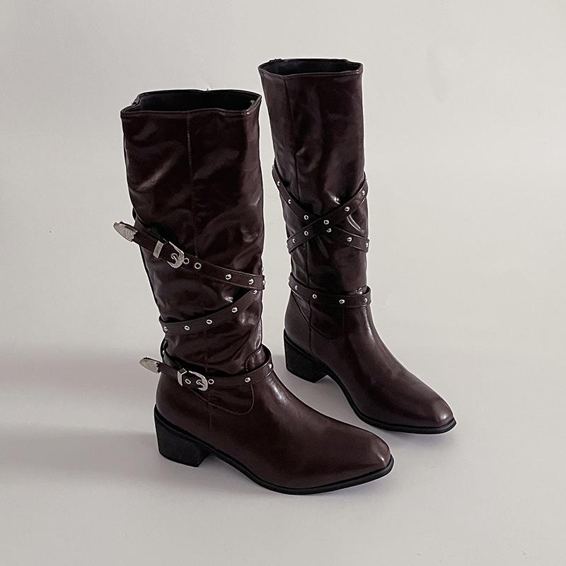 

Зимняя пряжка ремня Женские рыцарские высокие сапоги Элегантная обувь на толстом каблуке Женские винтажные сапожки с квадратным носком Слим Длинные сапожки Де Мухе 35