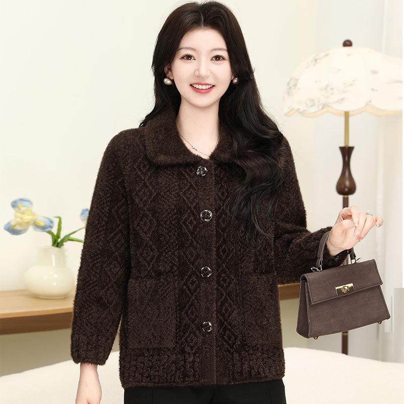 Maternity Faux Mink Velvet Knit Cardigan for Women - Autumn/Winter Grandma Sweater for Elderly