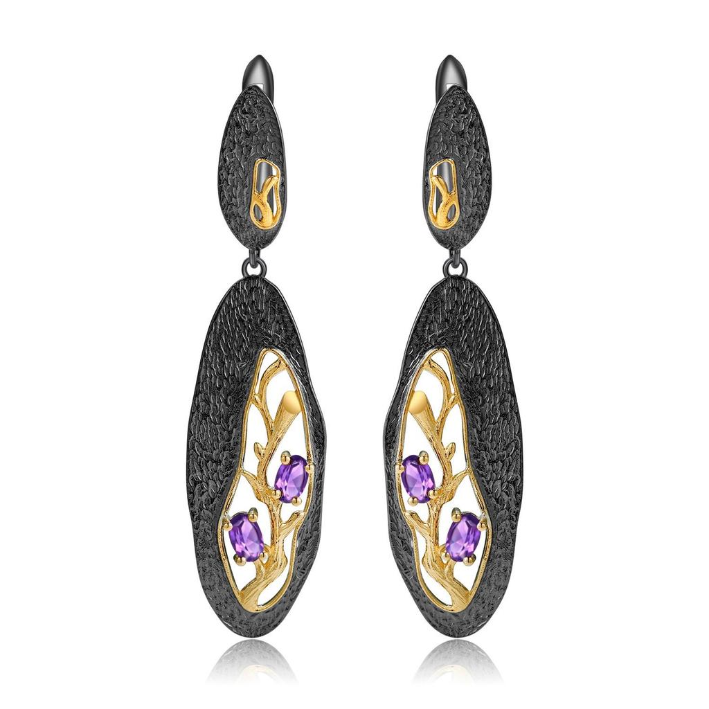 Oryginalne designerskie kolczyki umieszczone pomiędzy gałązkami, wysokiej klasy kolczyki wkrętki ze srebra s925 z naturalnym różem i granatem