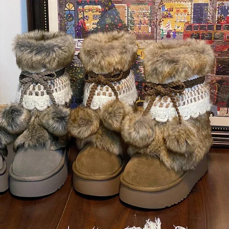 Bow Fur Snow Boots Women Platform Ankle Shoes Winter Suede Flats Warm  2025 New Brand Fashion Sweet Chelsea