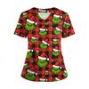 Women's Short Sleeved Christmas Printed V-neck Buttonable Side Slit Top T-shirt