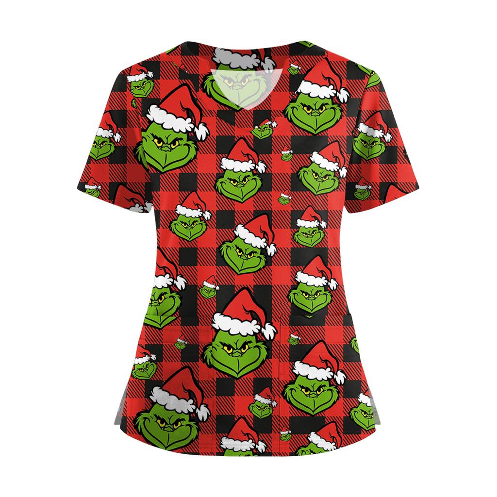 Women's Short Sleeved Christmas Printed V-neck Buttonable Side Slit Top T-shirt