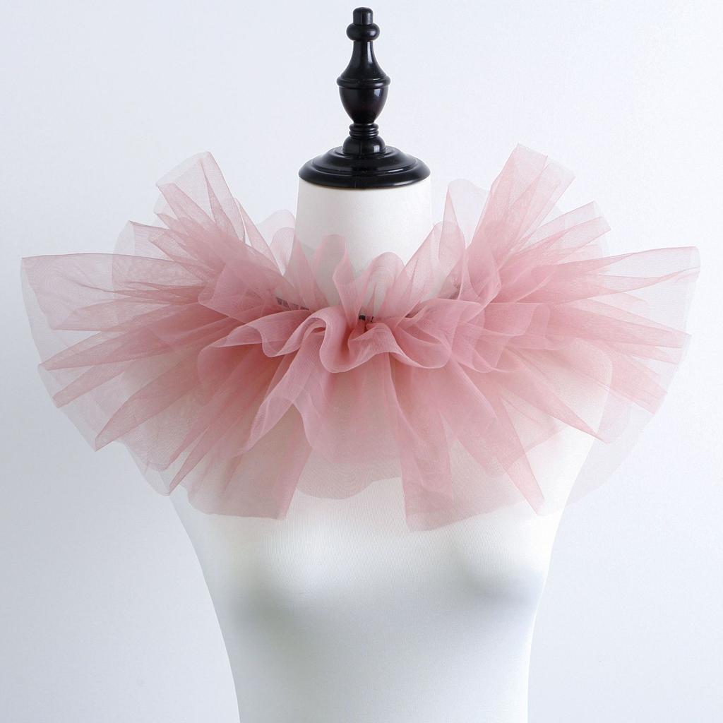 Women Tulle Ruffled Fake Collar Multi-Layered Mesh Clown Choker Lace-Up Ribbon Neck Ruff Shawl Fake Collar